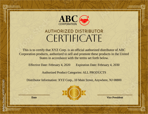 Authorized Distributor Certificate Template with Gold Border and Floral Background