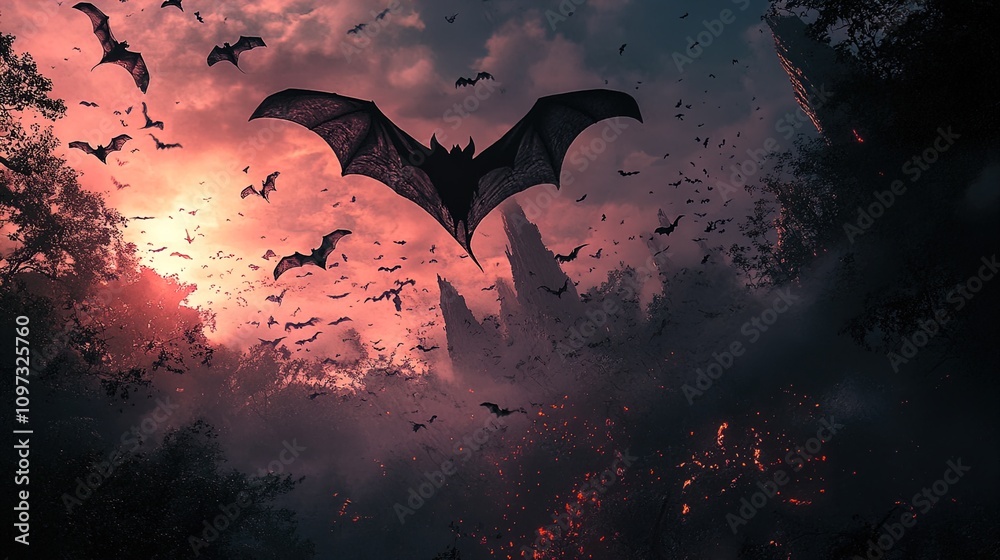 A dramatic scene unfolds in this image, where a multitude of bats is depicted flying against a backdrop of a fiery sunset. The sky is painted in deep oranges and reds, creating a stark contrast with t A dramatic scene unfolds in this image, where a multitude of bats is depicted flying against a backdrop of a fiery sunset. The sky is painted in deep oranges and reds, creating a stark contrast with t