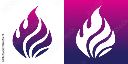 Abstract flame logo in a vibrant purple and pink gradient, displayed on contrasting white and gradient backgrounds photo