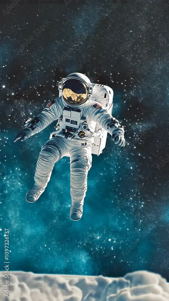 Astronaut floating in outer space surrounded by stars and cosmic dust at an unknown time Astronaut floating in outer space surrounded by stars and cosmic dust at an unknown time