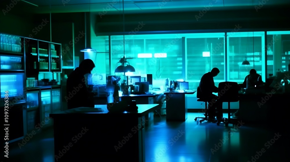 Silhouetted figures work late in a brightly lit modern office Silhouetted figures work late in a brightly lit modern office