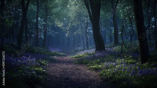 A serene forest pathway is depicted, lined with tall trees on either side, their leaves forming a thick canopy overhead. The ground is covered in a soft layer of earth and scattered with vibrant blueb photo