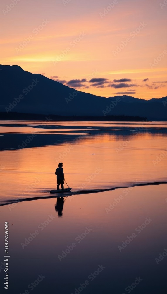 arafed person on a surfboard on a beach at sunset