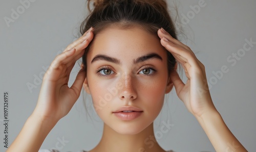 Wallpaper Mural Portrait of young woman with natural beauty, soft lighting, clear skin, freckles, expressive eyes, hands on face Torontodigital.ca