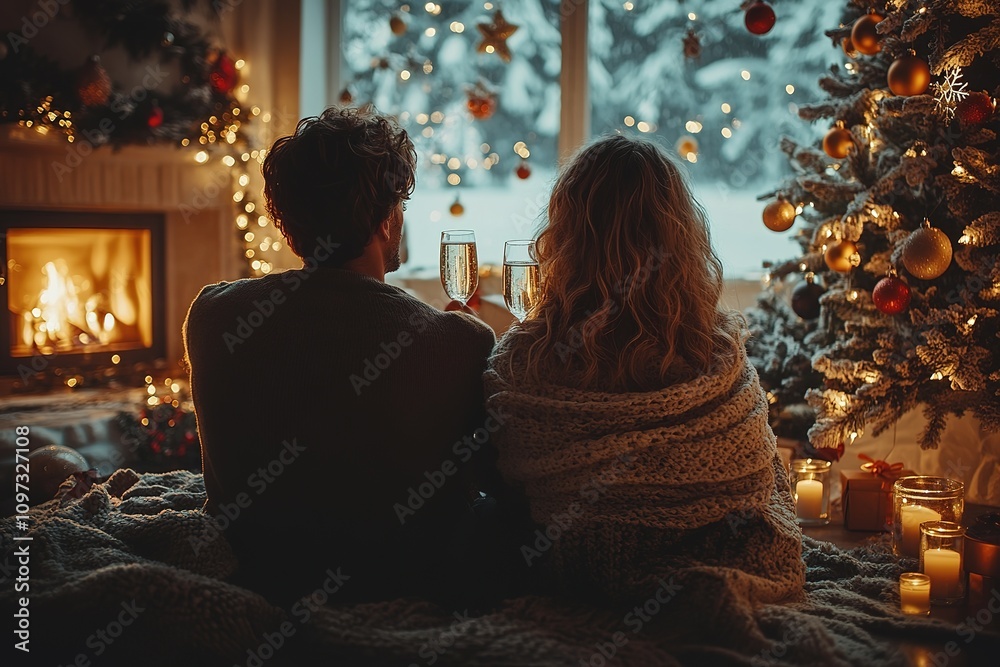A couple in love is sitting in a cozy house near a decorated Christmas tree for the new year