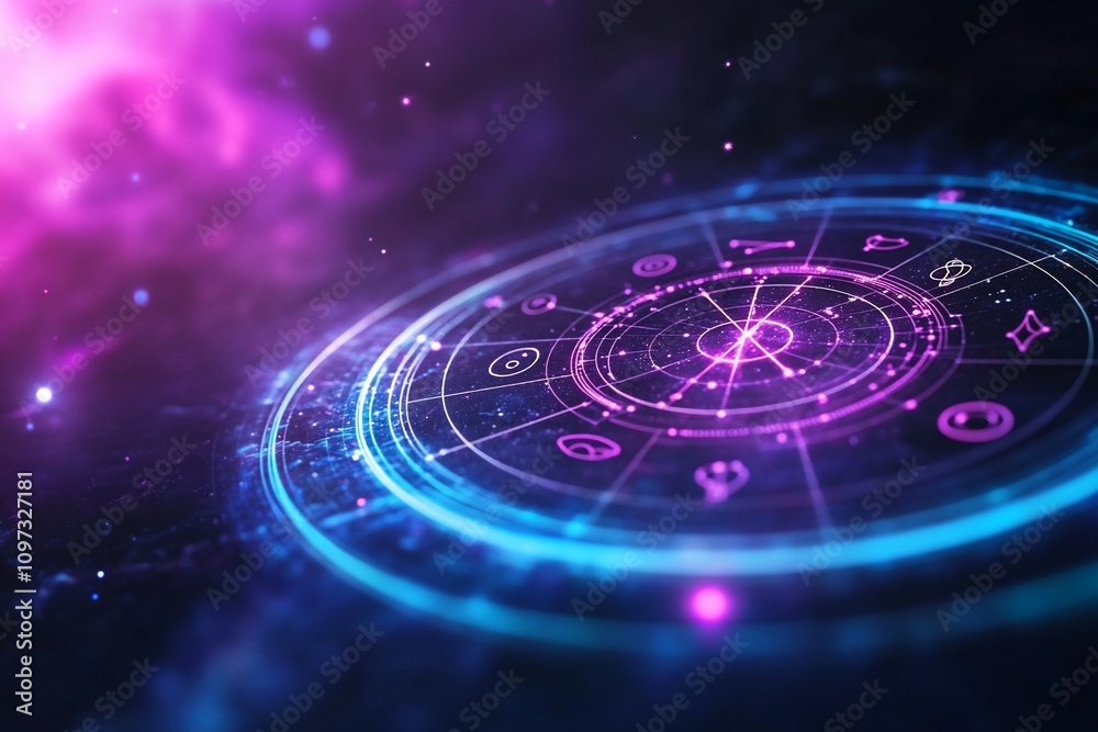 Glowing zodiac wheel with constellations in cosmic space. Glowing zodiac wheel with constellations in cosmic space.
