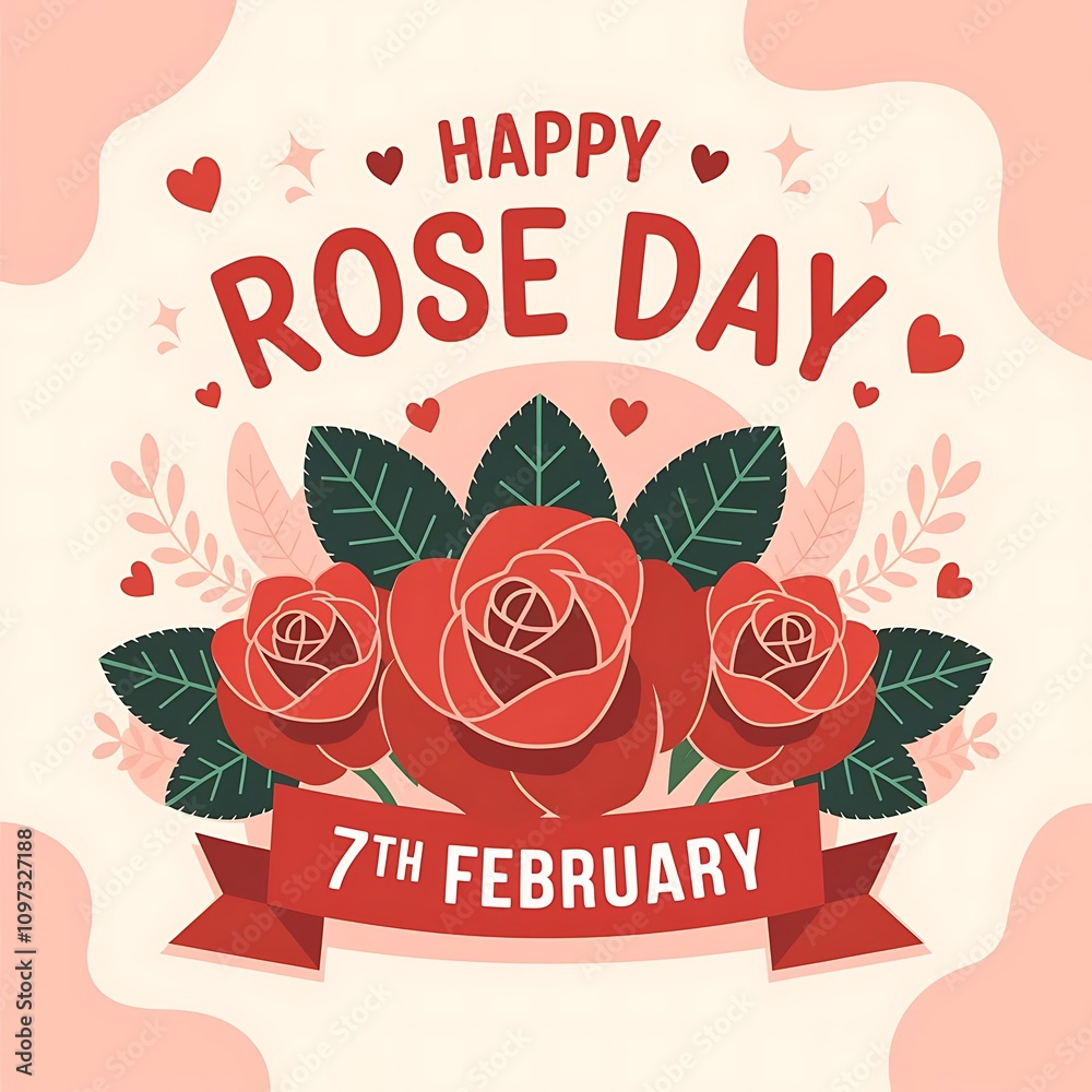 Naklejka premium Festive Rose Day Illustration with Red Roses, Elegant Text, and Romantic Heart Accents on a Light Pastel Background
