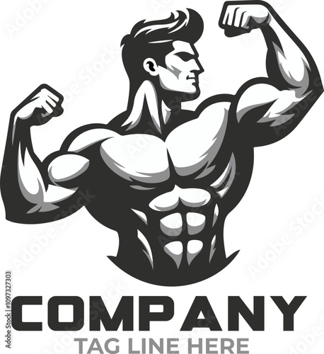 Muscular Man Flexing Muscle Logo Design Template