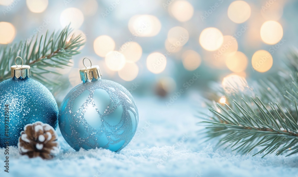 Christmas ornaments, blue and silver, surrounded by snow and pine branches, soft bokeh background, festive atmosphere