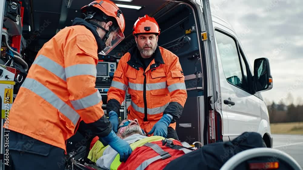 Emergency responders provide medical assistance to a patient in an ambulance. Emergency responders provide medical assistance to a patient in an ambulance.