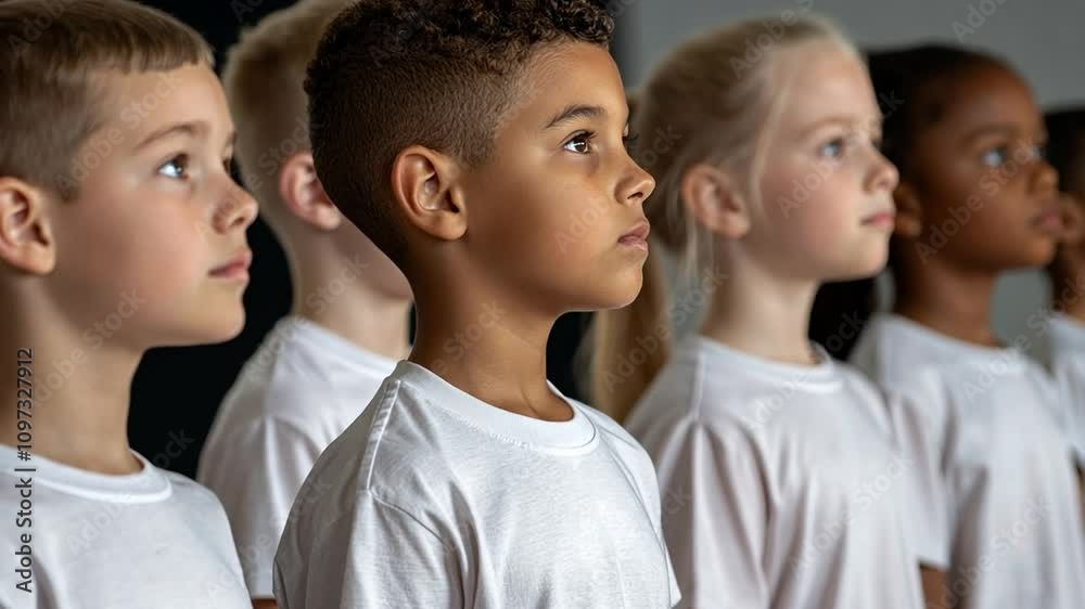 A group of children in white shirts standing in profile, focused and attentive. A group of children in white shirts standing in profile, focused and attentive.
