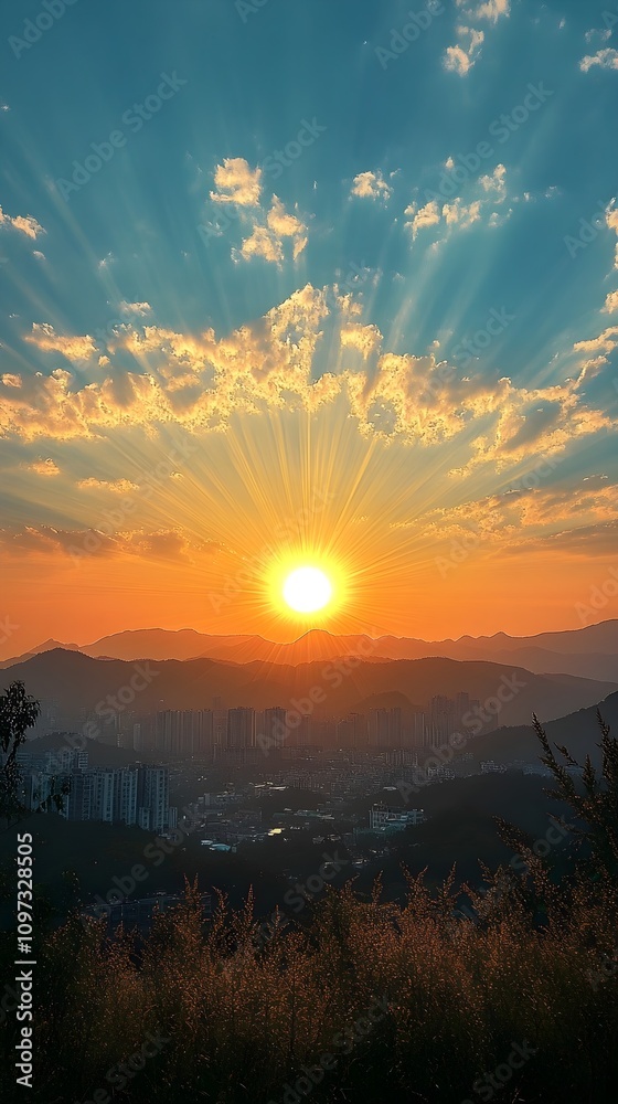 Obraz premium Sunrise over National Day and Mid-Autumn Festival celebration with simplicity, blue sky, and an orange halo for smartphone wallpaper