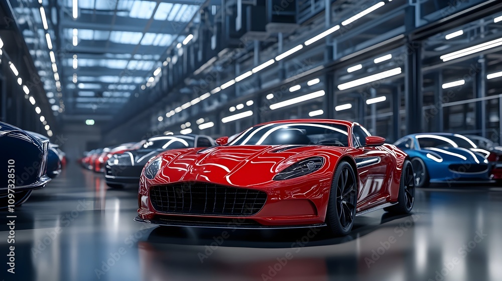 Modern Automotive Factory with Rows of Luxury Cars. Manufacturing, Technology, and Innovation Concept Modern Automotive Factory with Rows of Luxury Cars. Manufacturing, Technology, and Innovation Concept