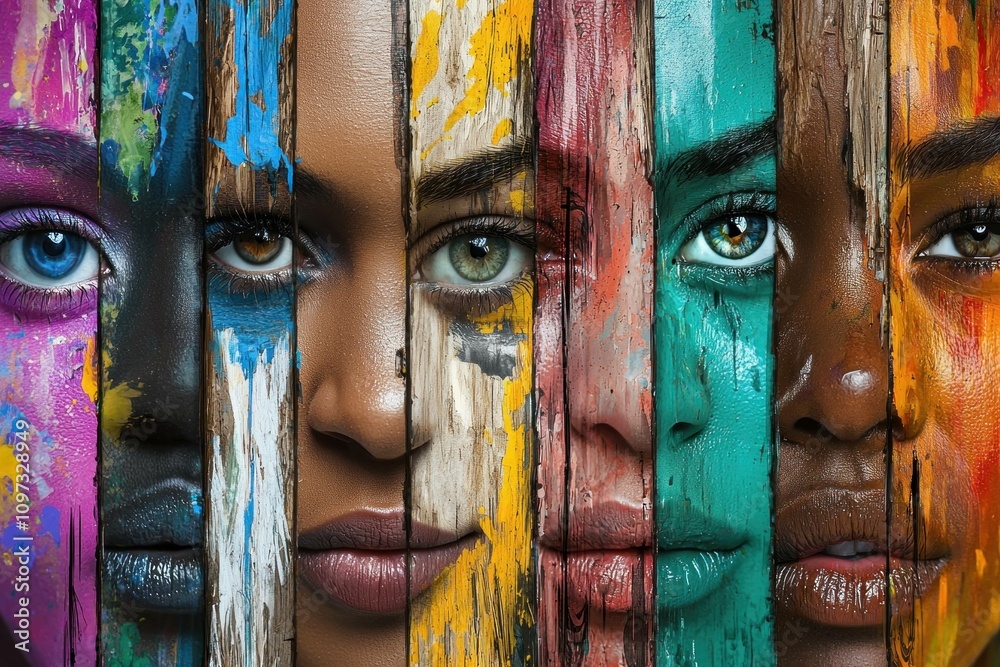 Fototapeta premium Diverse womenâ€™s faces painted in vibrant colors, represented through wooden panels. Cultural expression and artistic beauty concept.