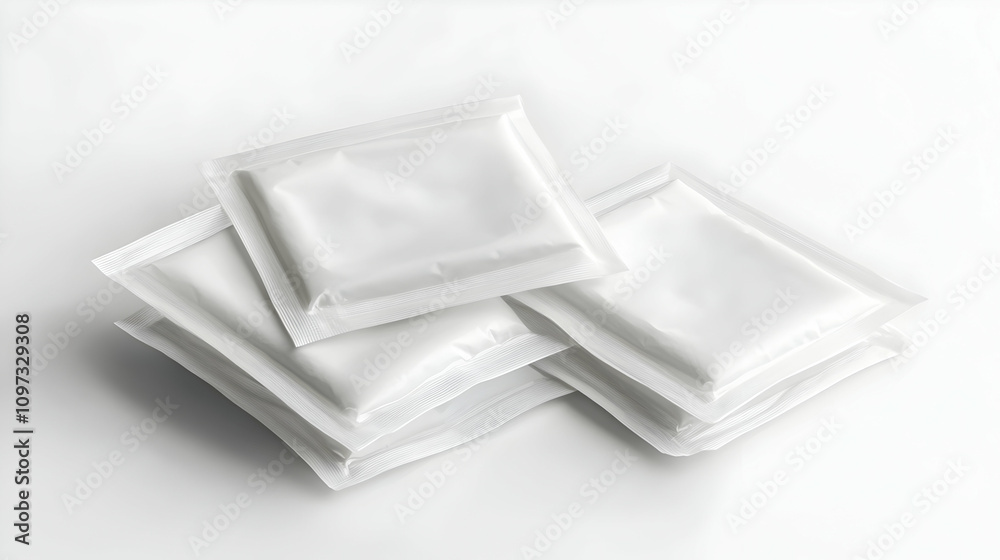 Stack of four blank white sachets or pouches on a white background. Stack of four blank white sachets or pouches on a white background.