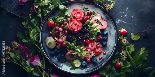 A plantbased recipe using natural foods like vegetables and edible flowers, beautifully presented on tableware. Includes ingredients like roses, fruits, and fresh vegetables