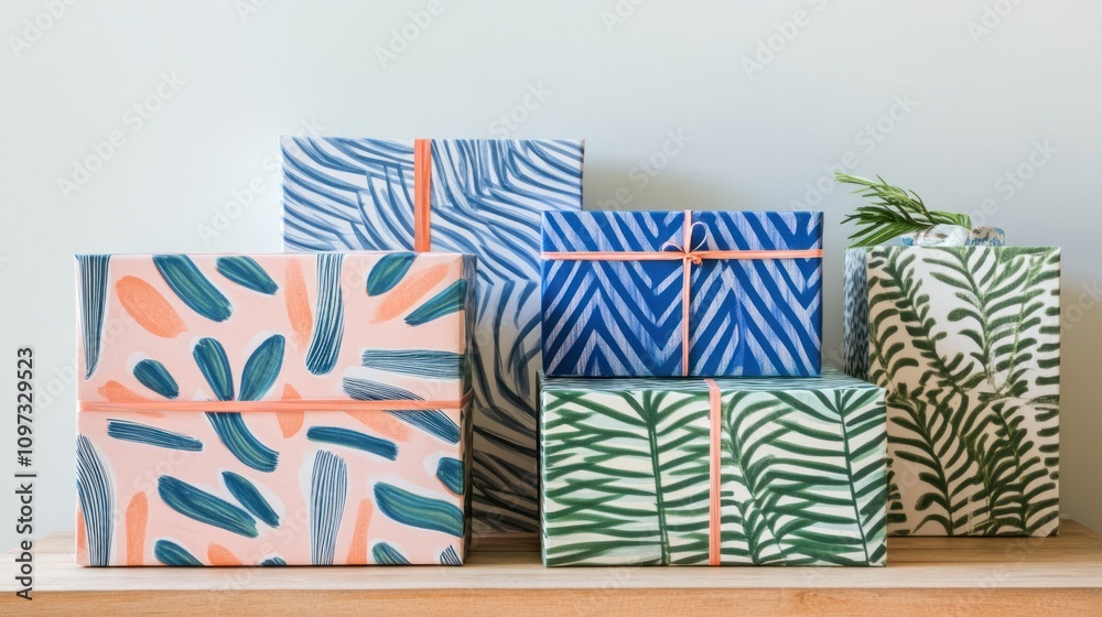 Abstract Patterned Gift Boxes Arranged On Wood Abstract Patterned Gift Boxes Arranged On Wood