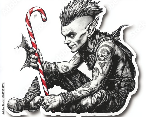 A sticker of an elf with a mohawk and piercings holding a candy cane like a bat, isolated on white background  photo