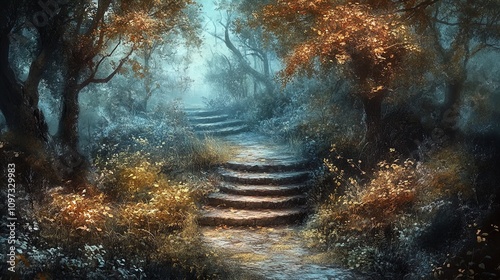 A mystical forest pathway is depicted, surrounded by tall, dark trees. The scene is enveloped in a soft, ethereal mist that creates a dreamy atmosphere. The path is made of stone steps that lead upwar photo