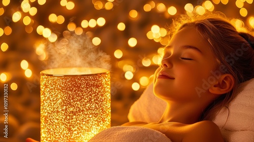 A serene young girl relaxes with her eyes closed, surrounded by warm, glowing lights and a vaporizing lantern, creating a tranquil atmosphere.