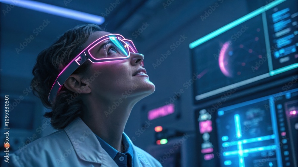 A visionary scientist looks up with determination their futuristic glasses glowing in neon blue and pink shades. The glasses accentuate their focused gaze as they envision new A visionary scientist looks up with determination their futuristic glasses glowing in neon blue and pink shades. The glasses accentuate their focused gaze as they envision new