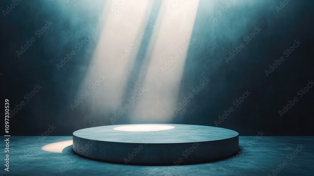 A Circular Pedestal Illuminated by Two Beams of Light in a Dark Room with a Blue Wall A Circular Pedestal Illuminated by Two Beams of Light in a Dark Room with a Blue Wall