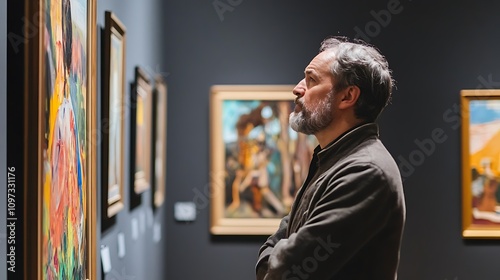 An art critic examining paintings at an exhibition 