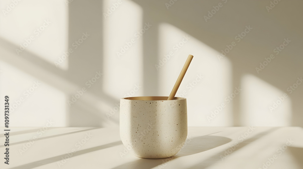 Sunlit ceramic cup with bamboo straw on white surface. Sunlit ceramic cup with bamboo straw on white surface.