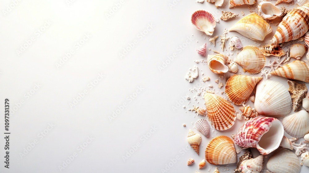 A collection of various seashells arranged on a light background. A collection of various seashells arranged on a light background.