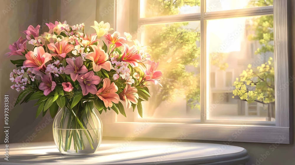 Sunlit bouquet of pink and orange lilies in a glass vase on a window sill. Sunlit bouquet of pink and orange lilies in a glass vase on a window sill.
