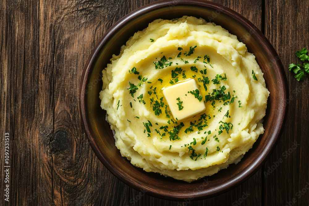 A bowl of delicious creamy mashed potato topped with butter and herbs A bowl of delicious creamy mashed potato topped with butter and herbs