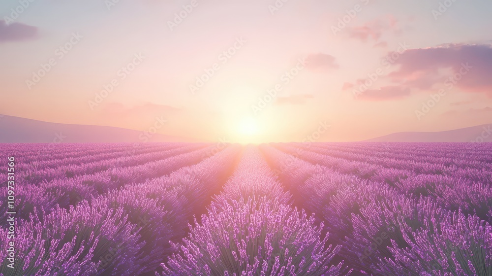 Fototapeta premium A serene lavender field stretches toward the horizon, bathed in soft sunlight, creating a tranquil and picturesque landscape at dawn.