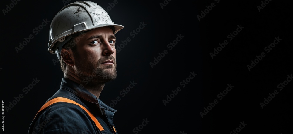 Construction worker portrait, serious expression, hard hat, dark background, professional attire, focused gaze, industrial setting Construction worker portrait, serious expression, hard hat, dark background, professional attire, focused gaze, industrial setting