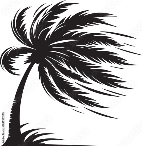 A palm tree with its fronds blown to one side as if by a strong wind vector silhouette