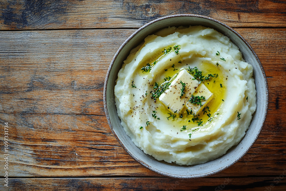 A bowl of delicious creamy mashed potato topped with butter and herbs A bowl of delicious creamy mashed potato topped with butter and herbs