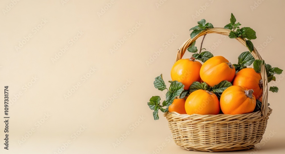 A woven basket filled with bright orange pumpkins and green leaves against a neutral background. A woven basket filled with bright orange pumpkins and green leaves against a neutral background.