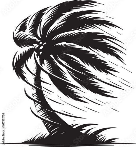A palm tree with its fronds blown to one side as if by a strong wind vector silhouette