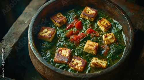 A bowl of palak paneer featuring spinach and paneer cheese cubes.