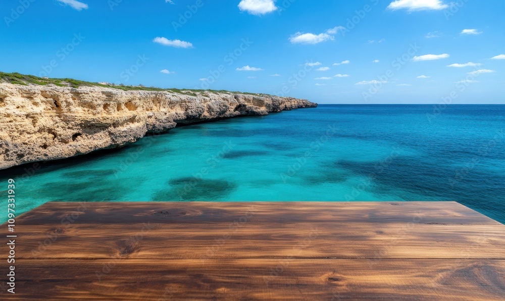 Scenic coastal view with a wooden table overlooking turquoise waters and cliffs. Scenic coastal view with a wooden table overlooking turquoise waters and cliffs.