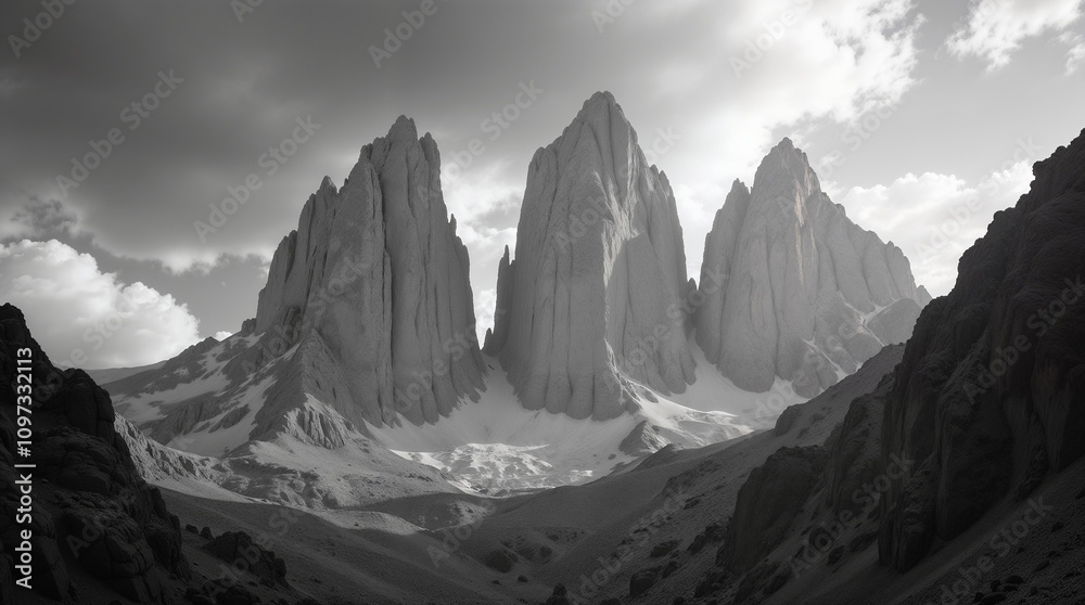 Obraz premium Majestic Black and White Mountain Range Landscape with Dramatic Sky and Rugged Peaks