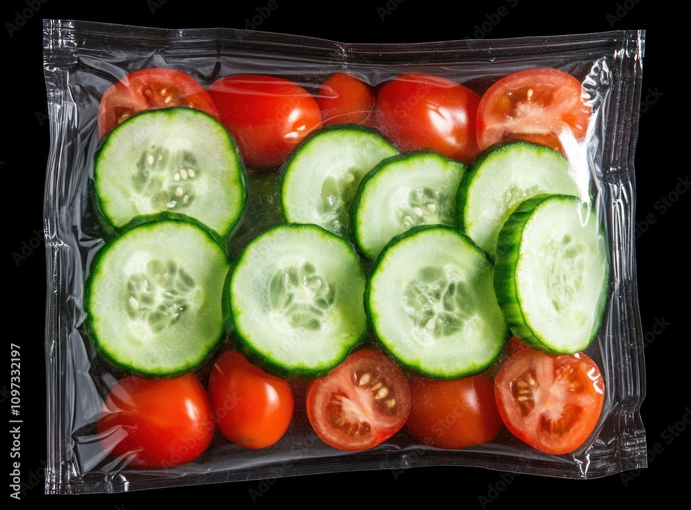 A packaged arrangement of sliced cucumbers and cherry tomatoes for fresh consumption. A packaged arrangement of sliced cucumbers and cherry tomatoes for fresh consumption.
