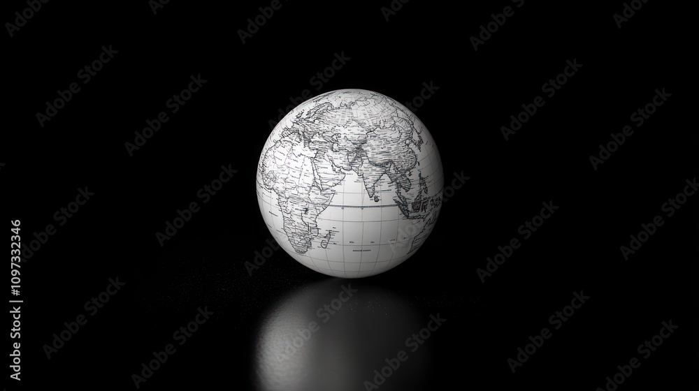 globe with a monochrome map on a reflective surface. globe with a monochrome map on a reflective surface.