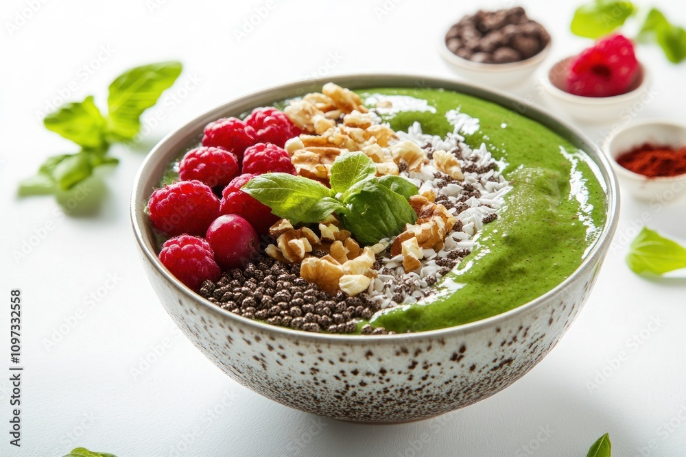 A vibrant smoothie bowl topped with fruits, nuts, and seeds for a healthy meal. A vibrant smoothie bowl topped with fruits, nuts, and seeds for a healthy meal.