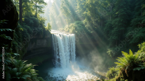 Majestic Forest Waterfall Illuminated by Golden Sunbeams Through Dense Tree Canopy