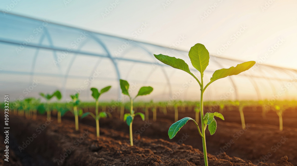 Renewable Energy Market Trends Concept. Green seedlings growing in a greenhouse under bright sunlight. Renewable Energy Market Trends Concept. Green seedlings growing in a greenhouse under bright sunlight.