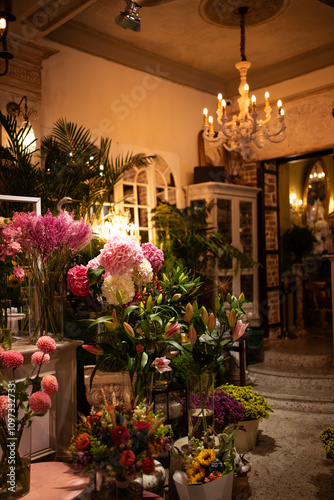 Interior of a Flower Shop at Night with Plants and Flowers on Display photo