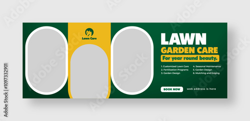 Lawn and gardening services social media facebook cover web banner template, garden landscaping banner