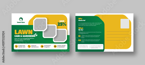 Lawn and gardening services postcard template, garden landscaping design