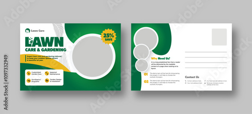 Lawn and gardening services postcard template, garden landscaping design