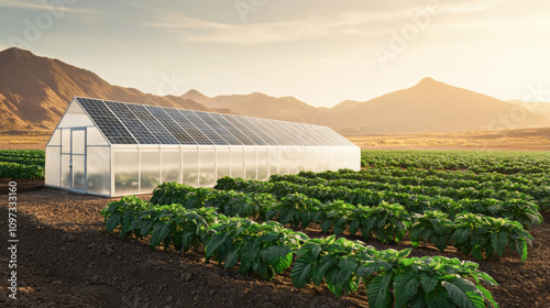 Renewable Energy Market Trends Concept. Greenhouse surrounded by crops with mountains in the background under a bright sky. photo